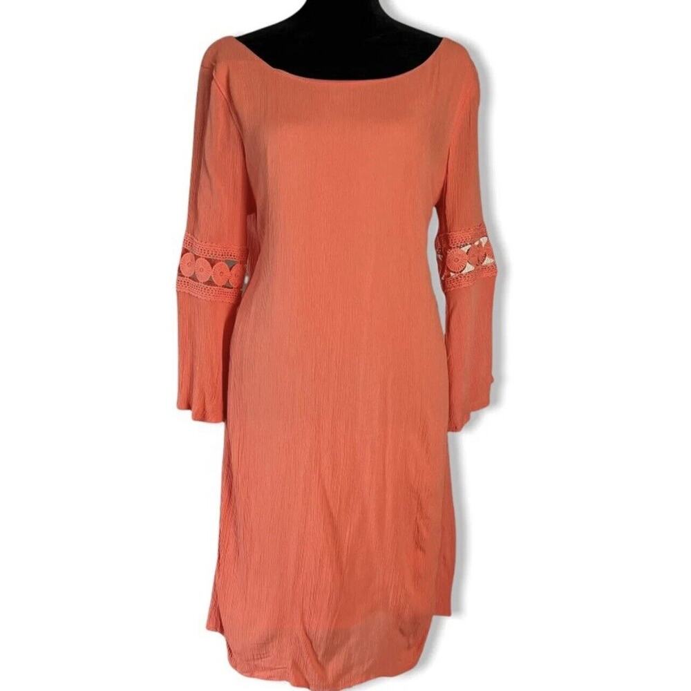 Luxology Knee Length Sun Dress Womens 4 Salmon Pink Crochet Lace Flowy Boho Chic